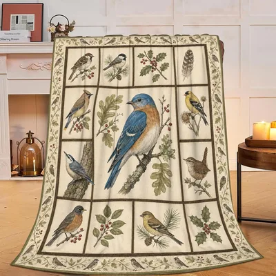 Sparrow and Bluebird Pattern Blanket: Vintage Bird Illustration Throw