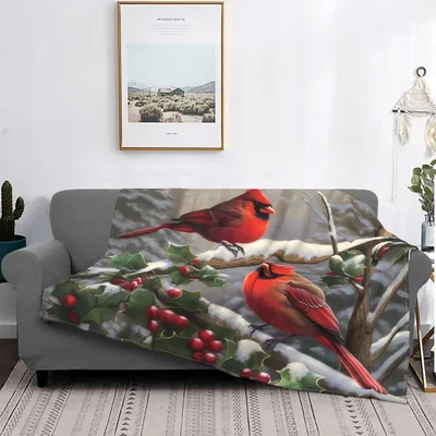 Red Cardinal Birds on Branch Blanket: Winter Cardinals with Holly