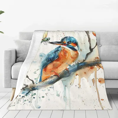 Watercolor Kingfisher Bird Blanket: Artistic Blue and Orange Design