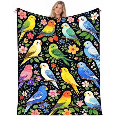 Colorful Birds and Flowers Blanket featuring vibrant parrots