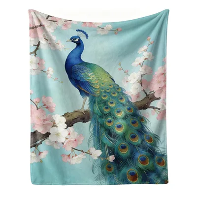 Peacock on Blossom Branch Blanket: Elegant Bird Art for Nature Lovers