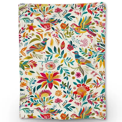 Whimsical Birds and Flowers Blanket: Folk Art Nature Print