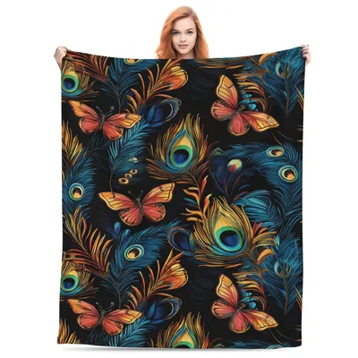 Peacock Feather Butterfly Pattern Blanket: Nature-Inspired Design
