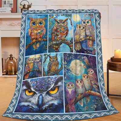 Owls in Blue Collage Blanket: A Patchwork of Artistic Night Birds