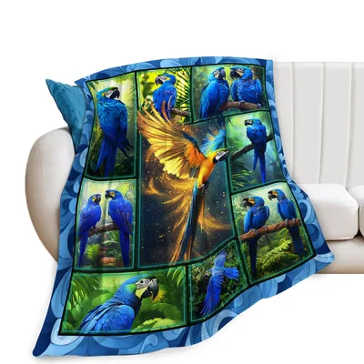 Blue Macaw Parrot Collage Blanket featuring a golden-winged bird