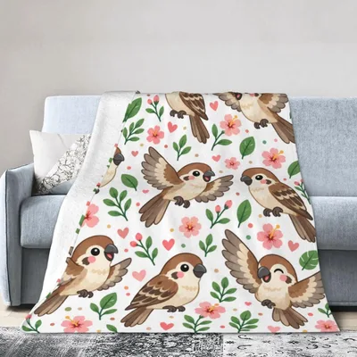 Sparrows Among Pink Flowers Blanket: Cute Bird Pattern with Hearts