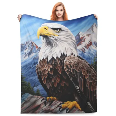 Bald Eagle Over Mountains Blanket: Majestic Bird on Rocky Peak