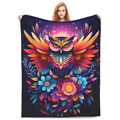 Colorful Owl with Flowers Blanket: Vibrant Art for Nature Lovers