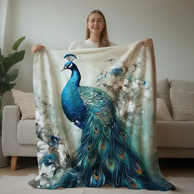 Peacock with Teal Feathers Blanket: A watercolor-style throw
