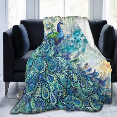 Peacock Vintage Botanical Blanket: Ornate Bird and Floral Design