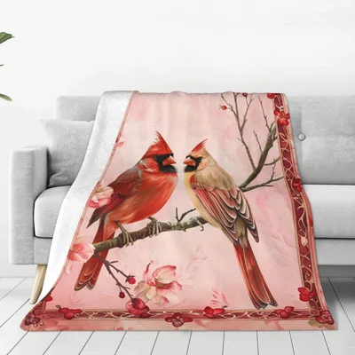 Red Cardinals on Branch Blanket: Romantic Bird Art for Nature Lovers