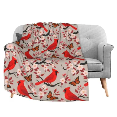 Cardinal Birds and Cherry Blanket: Red Cardinals on Blossom Branches