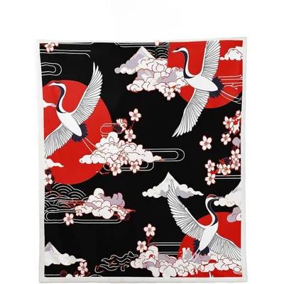 Japanese Crane Cherry Blossom Blanket: Ukiyoe Style Art