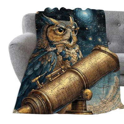 Owl Gazing Through Telescope Blanket featuring a steampunk-style owl