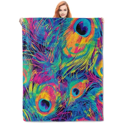 Peacock Feathers Colorful Pattern Blanket: Vibrant Artistic Design