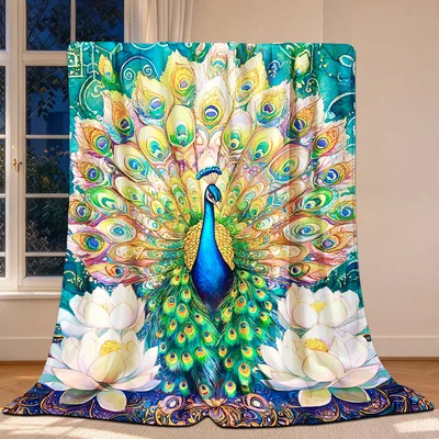 Peacock with Lotus Flowers Blanket featuring a vibrant peacock