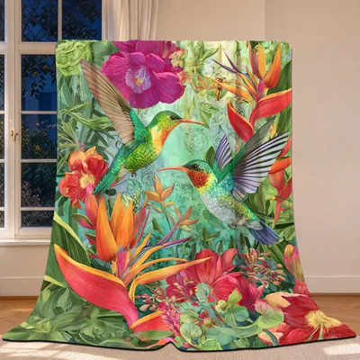 Hummingbird with Tropical Flowers Blanket: Vibrant Bird and Floral Art
