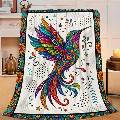 Colorful Hummingbird Mandala Blanket featuring a vibrant
