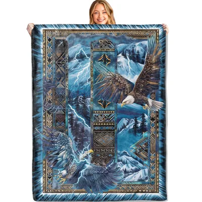 Majestic Eagle on Mountain Ridge Blanket: Wild Birds and Lightning Art