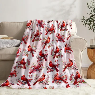 Cardinal Birds Pattern Blanket featuring vibrant red cardinals perched