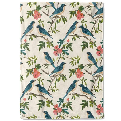 Bluebird and Blooming Flowers Blanket: Rustic Bluebird