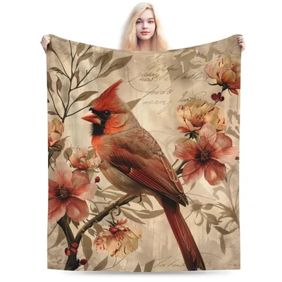 Cardinal Bird Floral Blanket: Vintage Art with Red Bird and Flowers