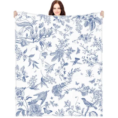 Blue Toile Birds Floral Blanket: Classic Blue and White Nature Print