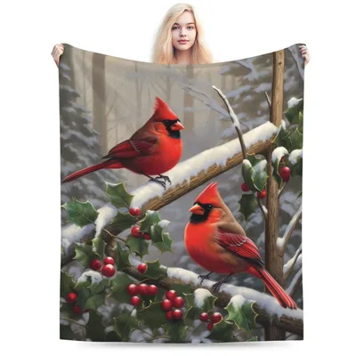 Red Cardinals in Snow Blanket No. 2: Winter Birds and Holly Design