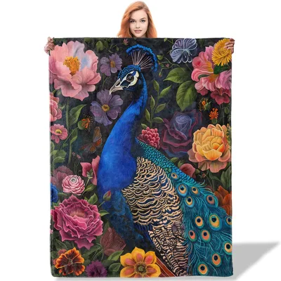 Blue Peacock Floral Garden Blanket: Exotic Bird Art for Nature Lovers