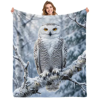 Snowy Owl on Branch Blanket: Realistic White Owl Art