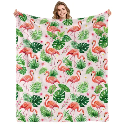 Pink Flamingos Tropical Leaves Blanket featuring pink birds