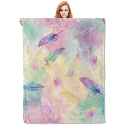 Colorful Pastel Feathers Print Blanket for Boho Decor and Bird Lovers