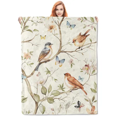 Birds and Butterflies Blanket: Nature Print with Birds on Branches