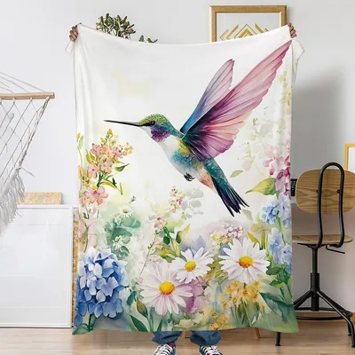 Watercolor Hummingbird and Flowers Blanket for Nature Lovers