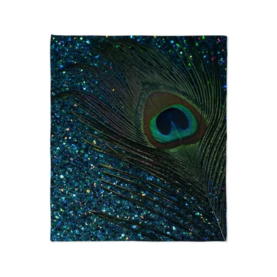 Glittery Aqua Peacock Feather Blanket Sparkling Bird Print