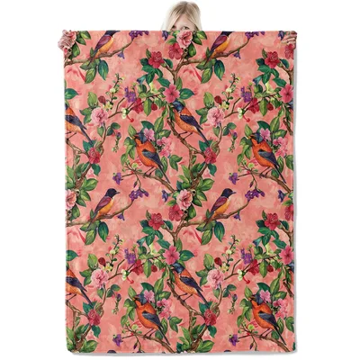 Tropical Birds and Vibrant Blanket featuring orange songbirds