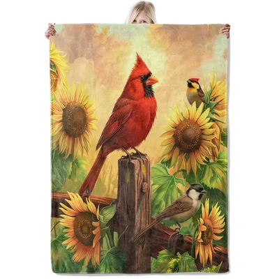 Cardinal and Sunflowers Painting Blanket featuring a red bird