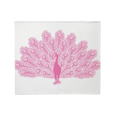 Pink Peacock Feathers Blanket with Gothic Skull Motif
