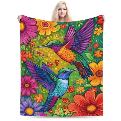 Hummingbird and Floral Pattern Blanket: Vibrant Birds and Blooms