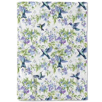 Floral and Hummingbird Pattern Blanket featuring iridescent birds