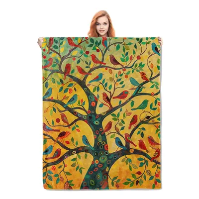 Colorful Bird Tree Art Blanket: A Vibrant Nature Print for Your Home