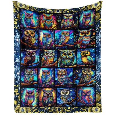 Colorful Owls Pattern Blanket featuring a grid of vibrant