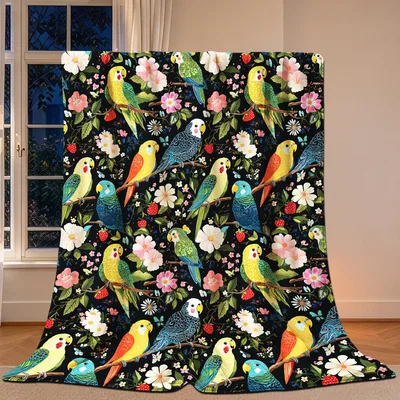 Cockatiel Birds Floral Pattern Blanket featuring colorful parrots