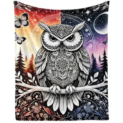 Owl Galaxy Mandala Art Blanket: Intricate Owl Design