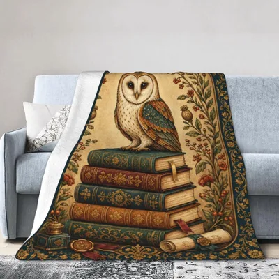 Owl on Old Books Blanket: Vintage Owl Perched on Antique Volumes