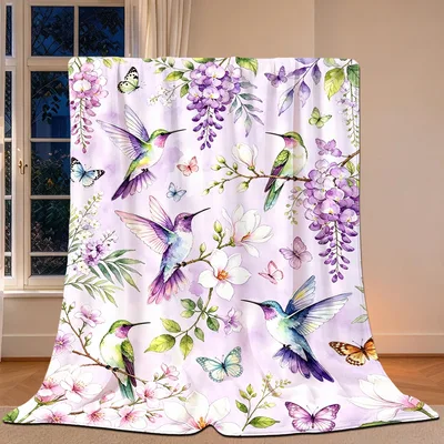 Hummingbirds and Wisteria Flowers Blanket: A Watercolor Garden Scene