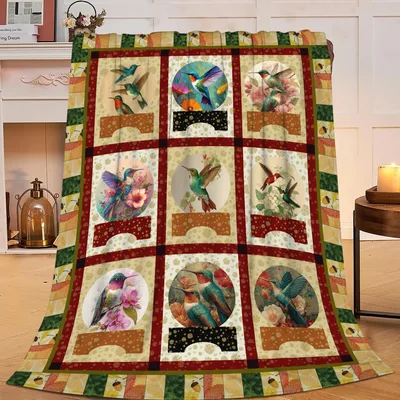 Hummingbirds in Square Frames Blanket: Quilt-Style Bird Art Design