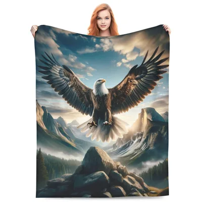 Eagle Soaring Over Mountains Blanket featuring a majestic bald eagle