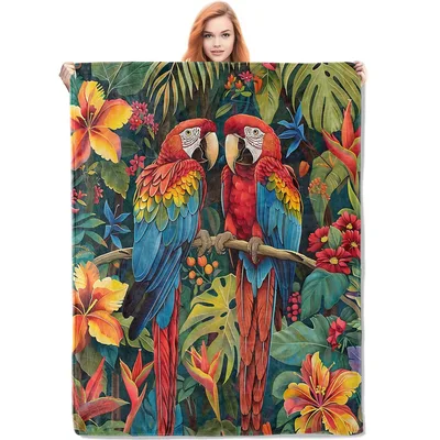 Tropical Parrots with Flowers Blanket: Vibrant Macaws and Botanicals