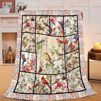 Songbirds in Patchwork Grid Blanket: Vintage Bird Illustrations